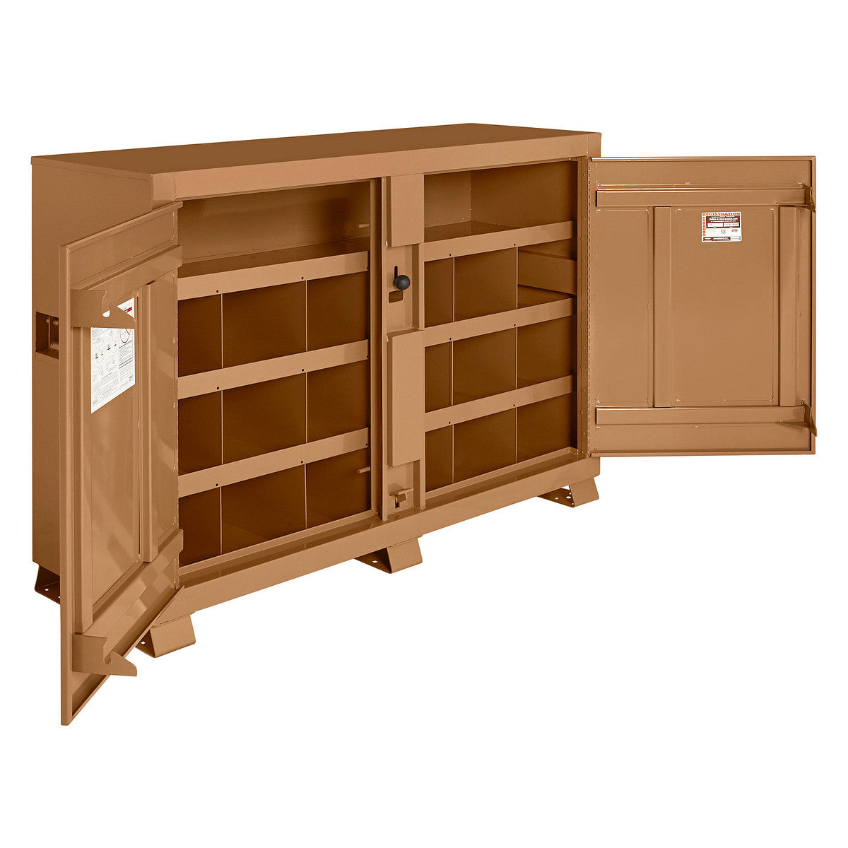 KNAACK 129-KL bin storage cabinet shown open with interior bins