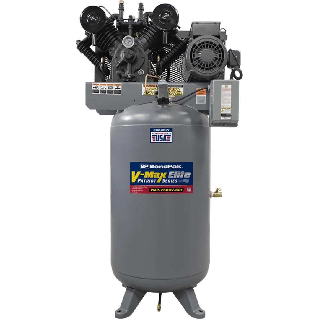 BendPak VMP-7580V-601 V-Max air compressor, 80 gallon vertical tank, front view