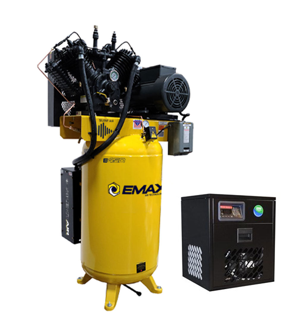 EMAX ESP10V080V1PK Silent Air 10 HP 80 gallon air compressor with refrigerated dryer front view