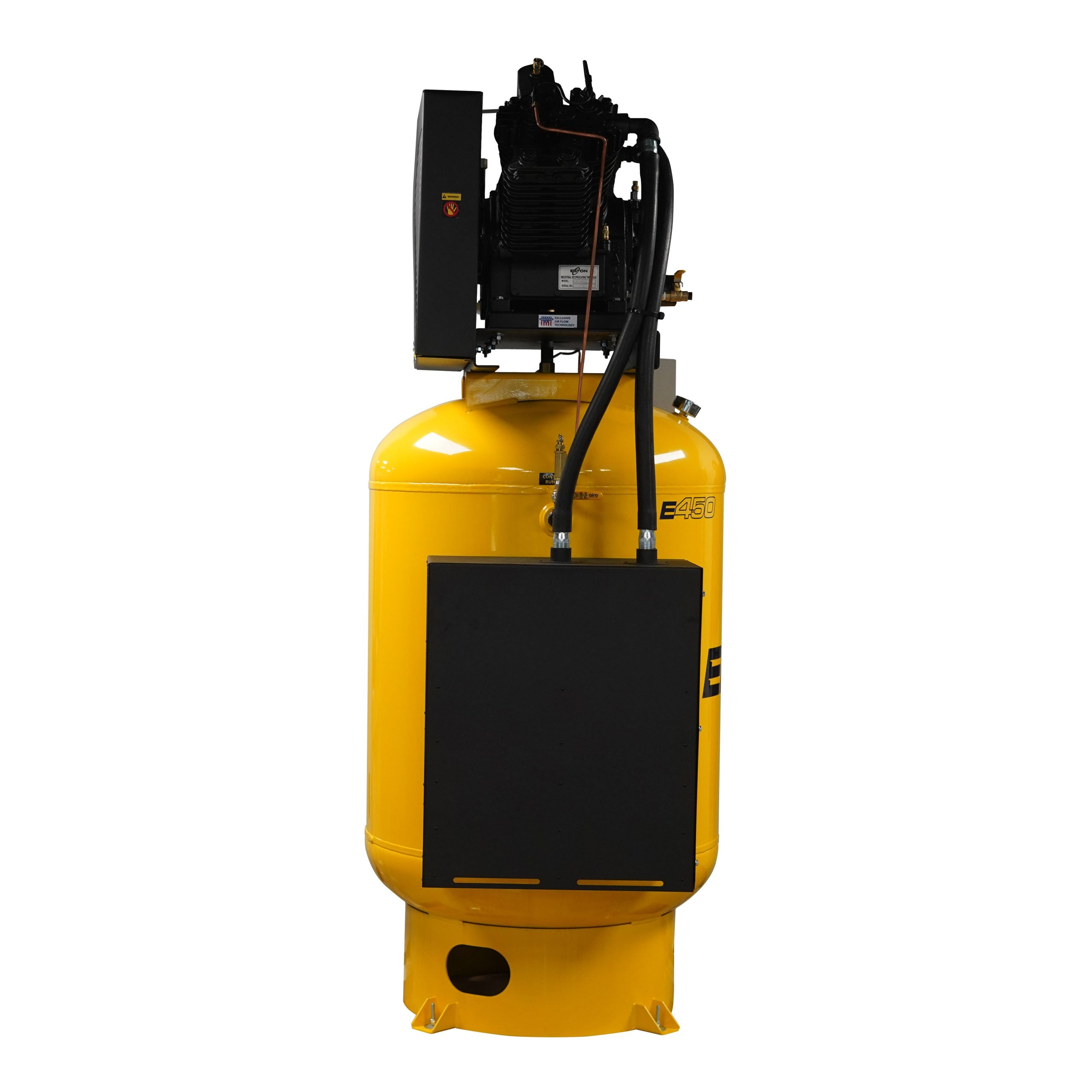 EMAX Silent Air Plus ESP10V120V1 10 HP 120 gallon compressor, side view with silent air silencer