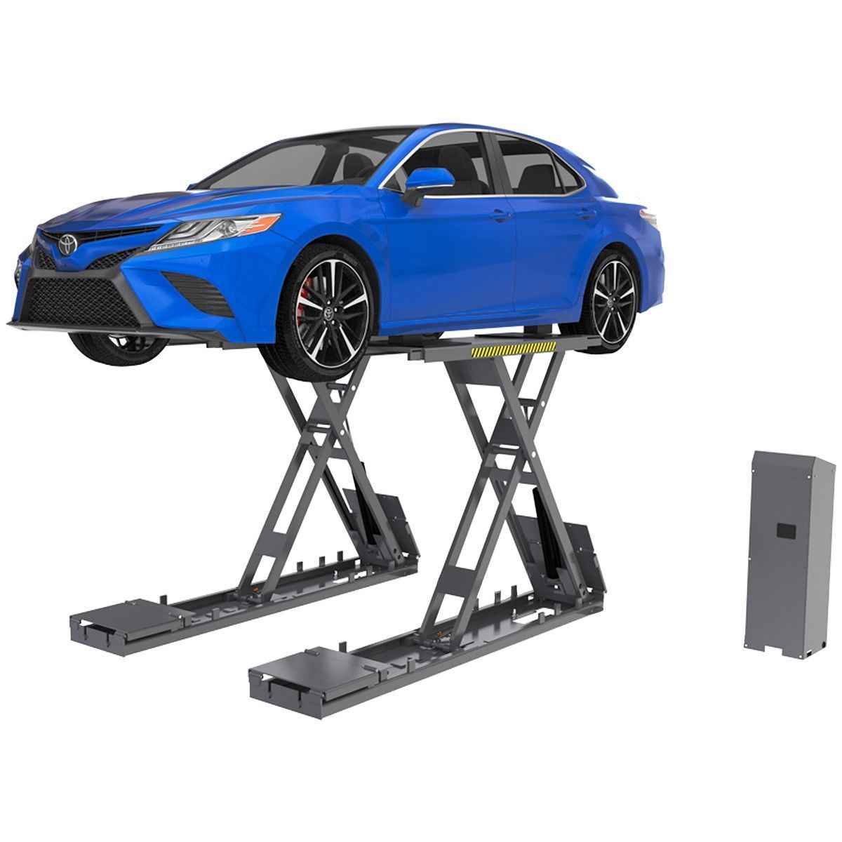BendPak SP-7XEF full-rise scissor lift, sedan raised, studio view