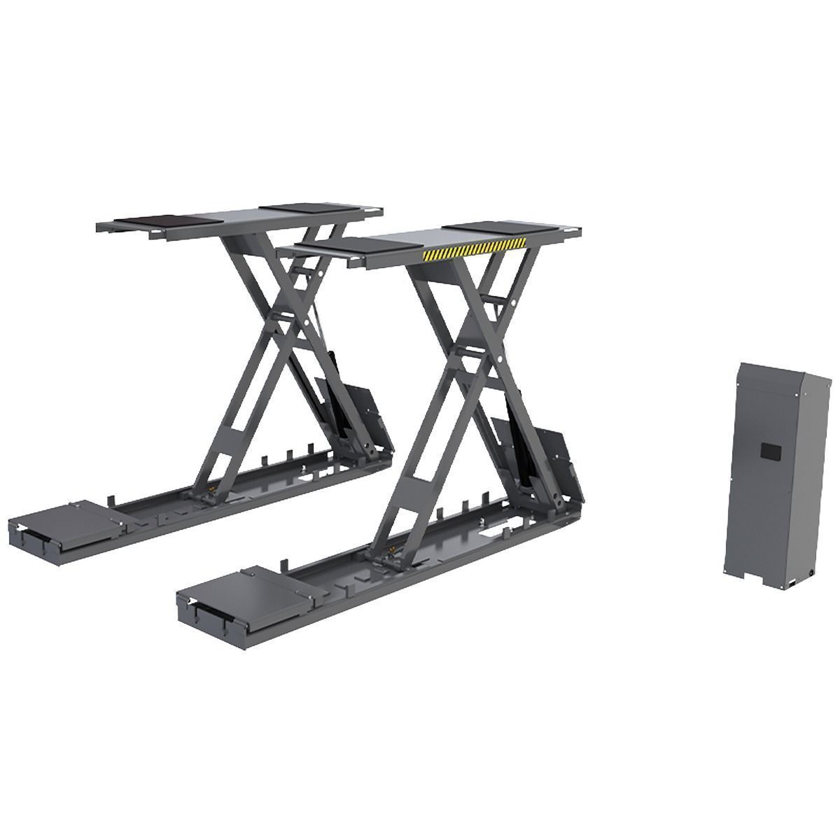 BendPak SP-7XEF full-rise scissor lift raised with power unit, studio view