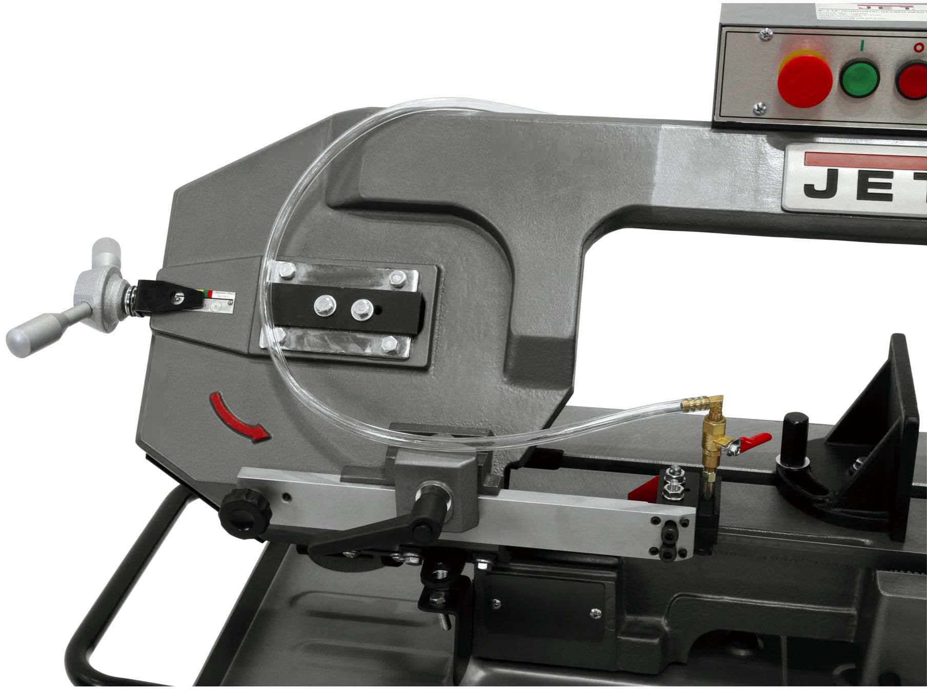 JET HBS-814GH bandsaw, saw head and blade wheel cover detail