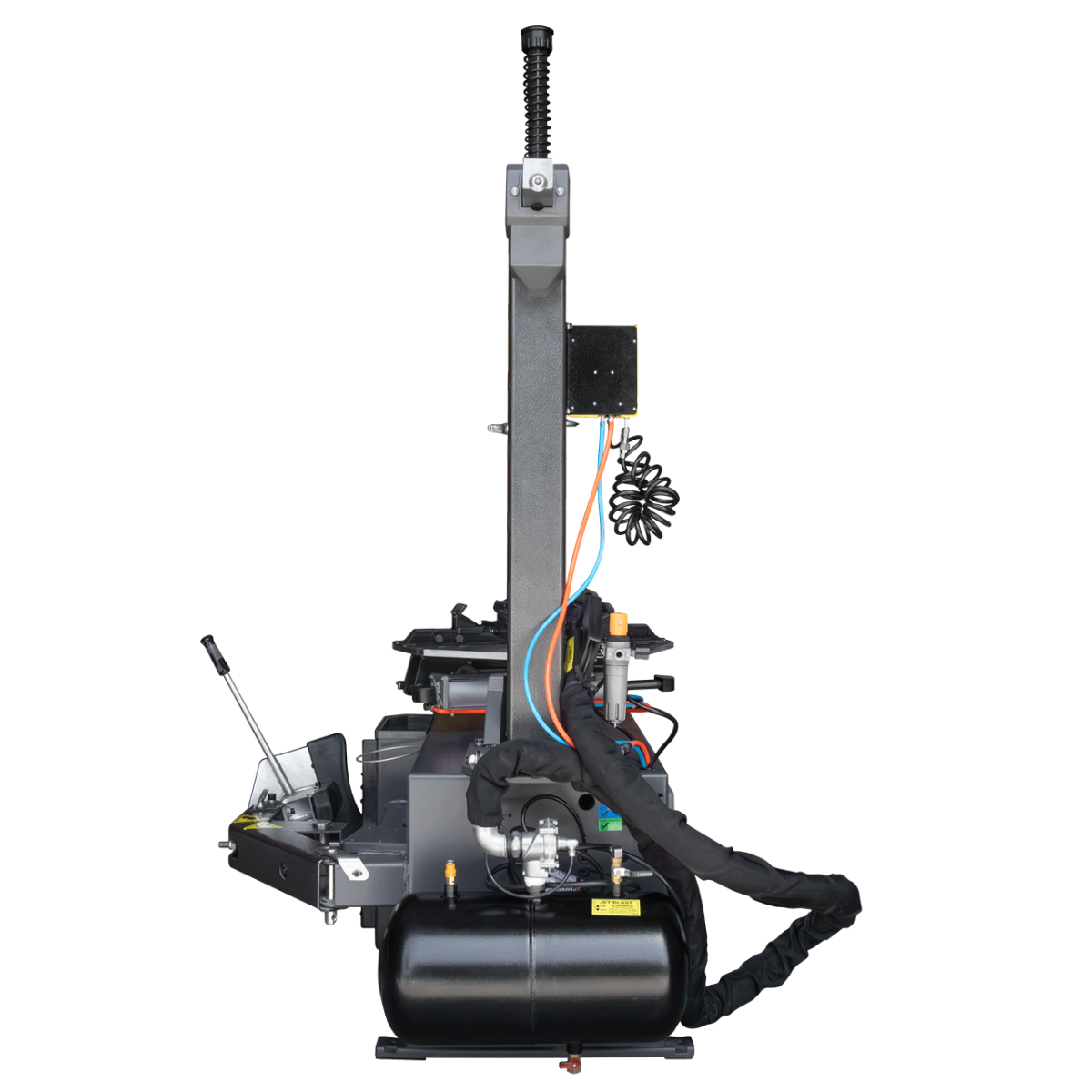 Ranger R76LT tire changer, rear view with bead tank