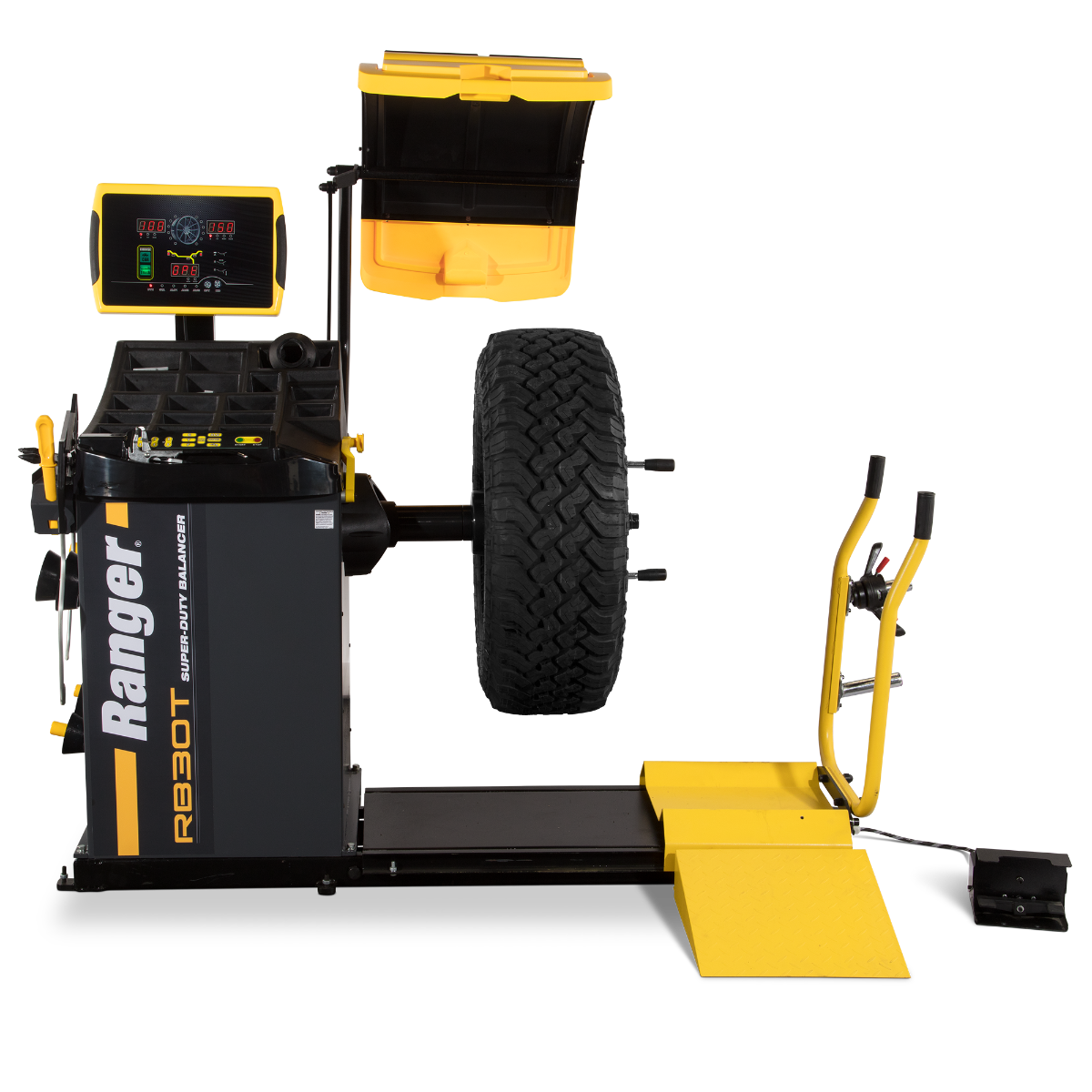 Ranger RB30T wheel balancer with hood up and truck tire