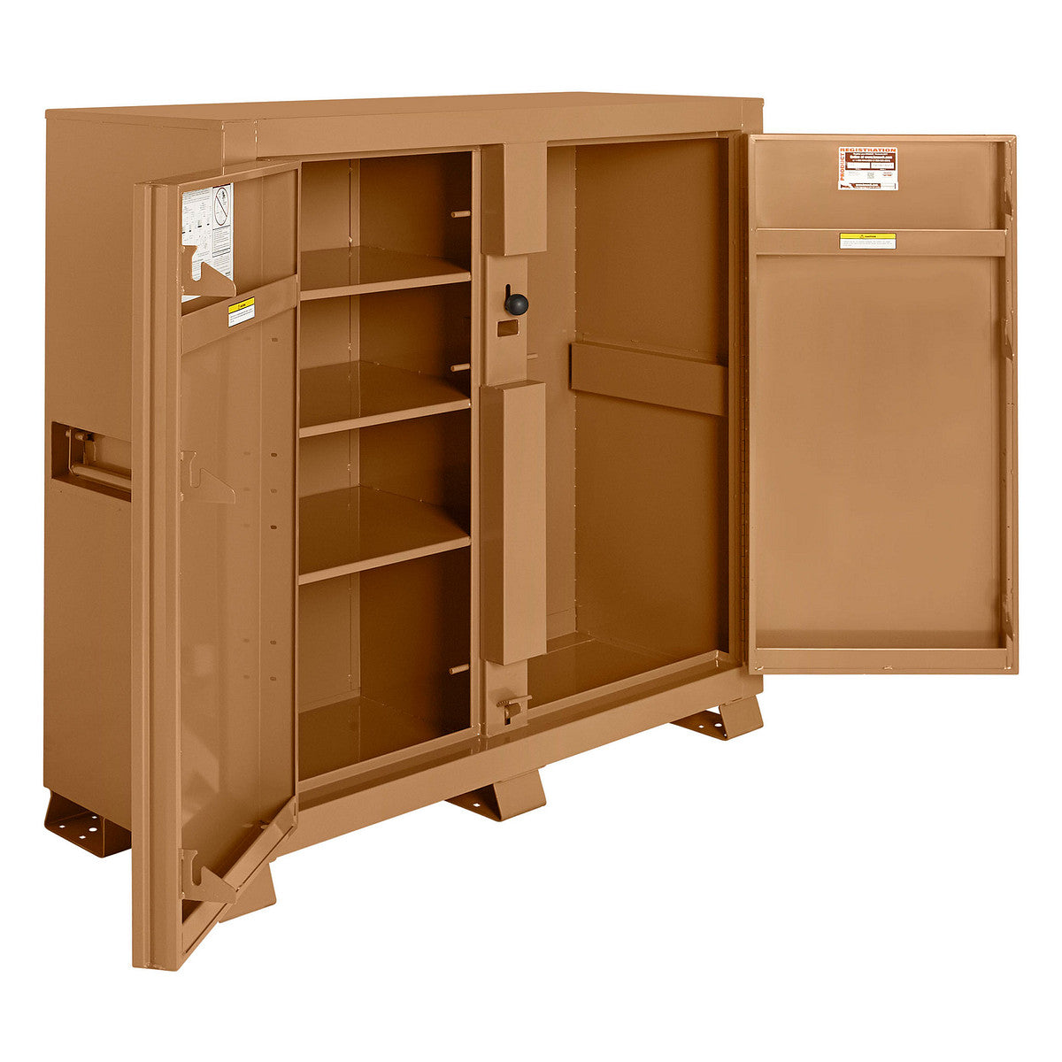 KNAACK 111-KL jobsite cabinet shown open with half-width shelves and open bay