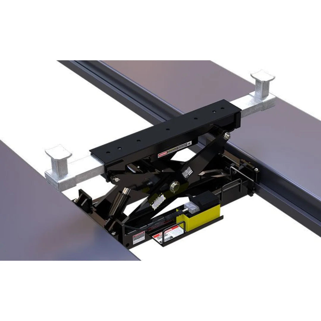 BendPak RBJ15000 rolling bridge jack mounted on four-post runways