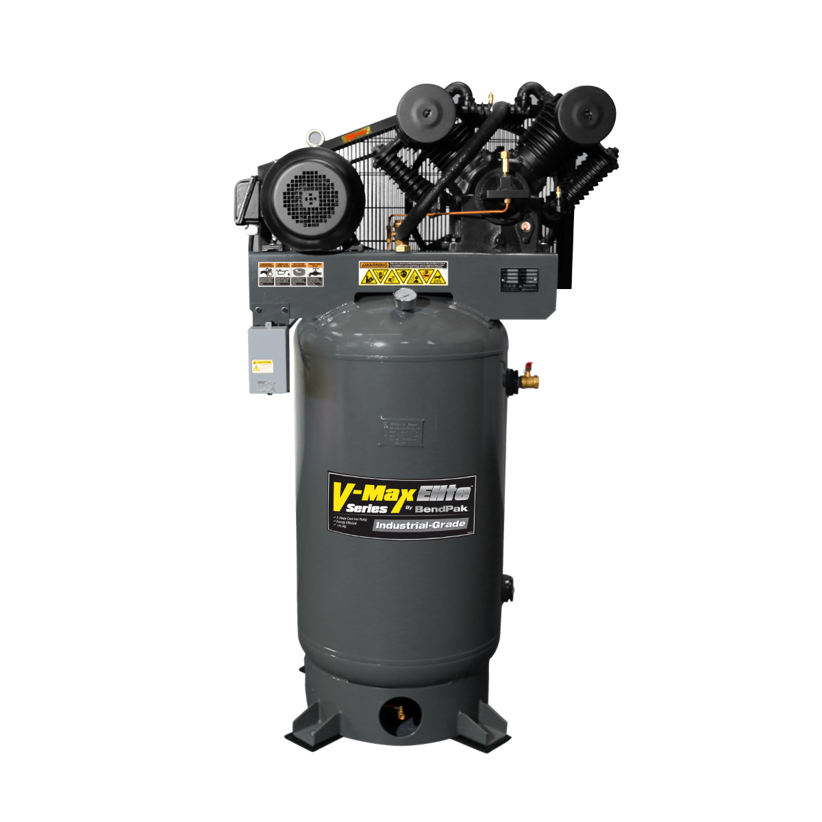 BendPak VMP-10120V-603 10 HP three-phase 120-gallon air compressor, front view