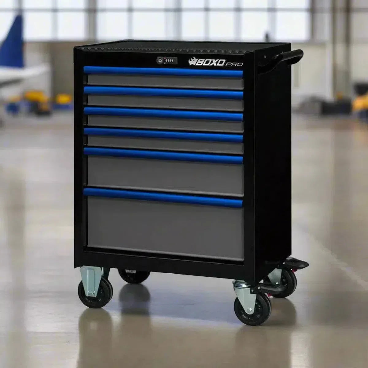 BOXO Pro Series 26 inch 6-drawer roll cabinet, gloss black with blue trim, angled view