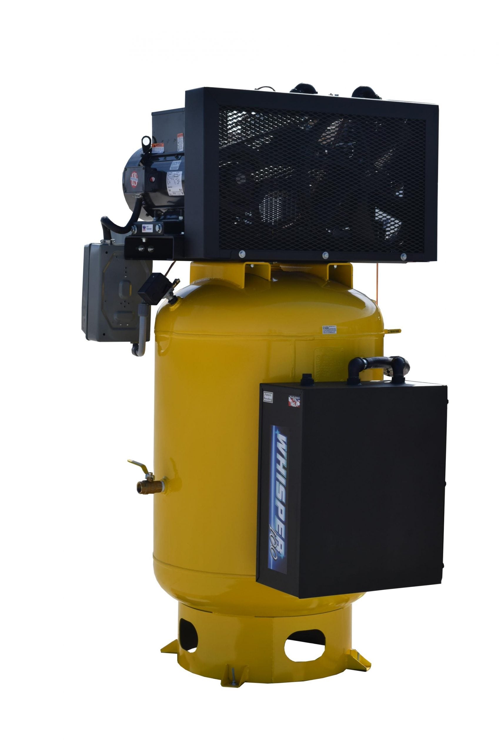 EMAX Silent Air Plus 120 gallon compressor, rear view with pump shroud and silencer