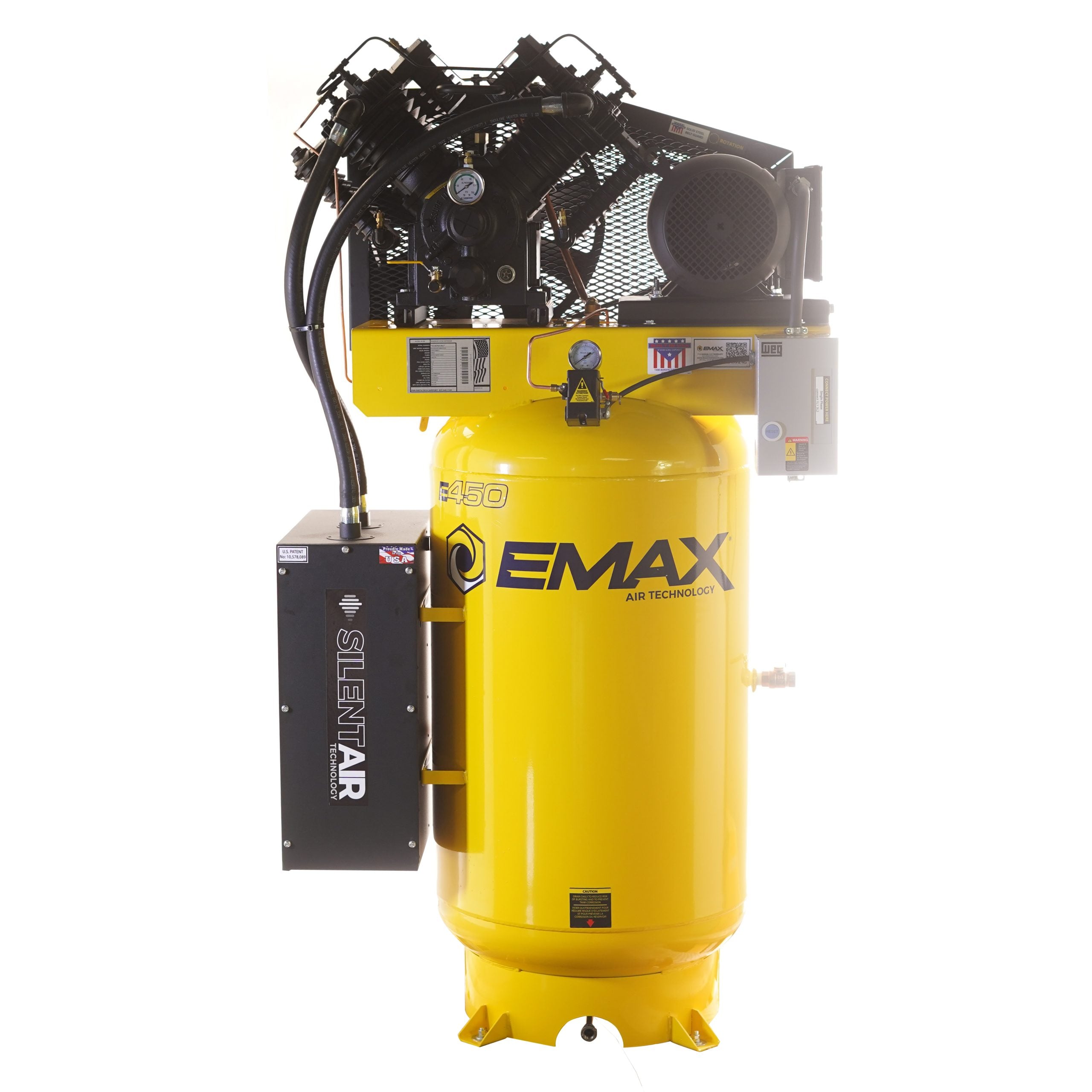 EMAX Silent Air ESP10V080V1PK 10 HP 80 gallon compressor, front angled view