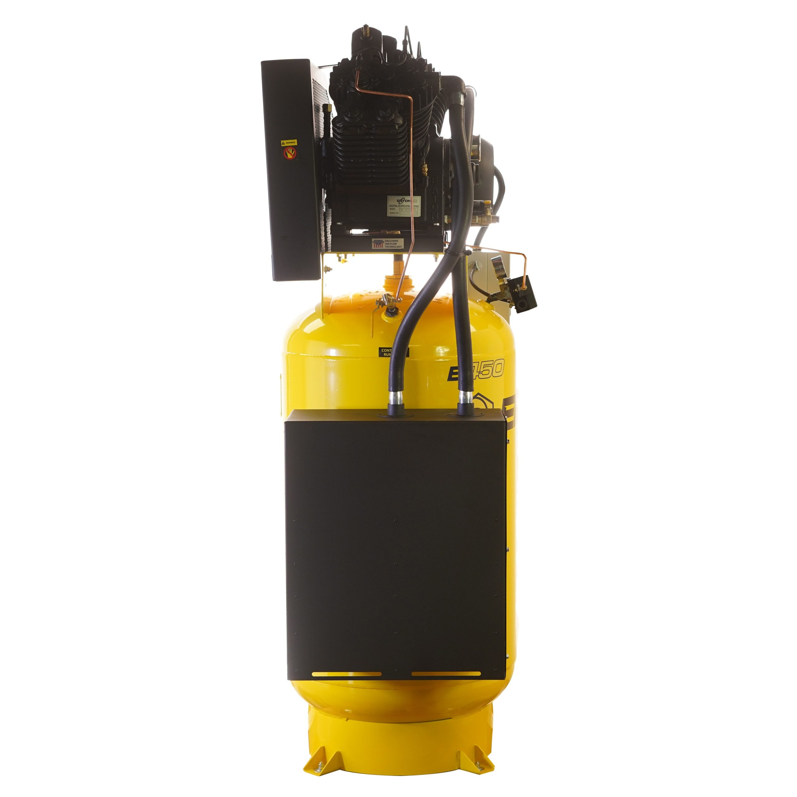 EMAX Silent Air ESP10V080V1PK 10 HP 80 gallon compressor, side view with silent air silencer
