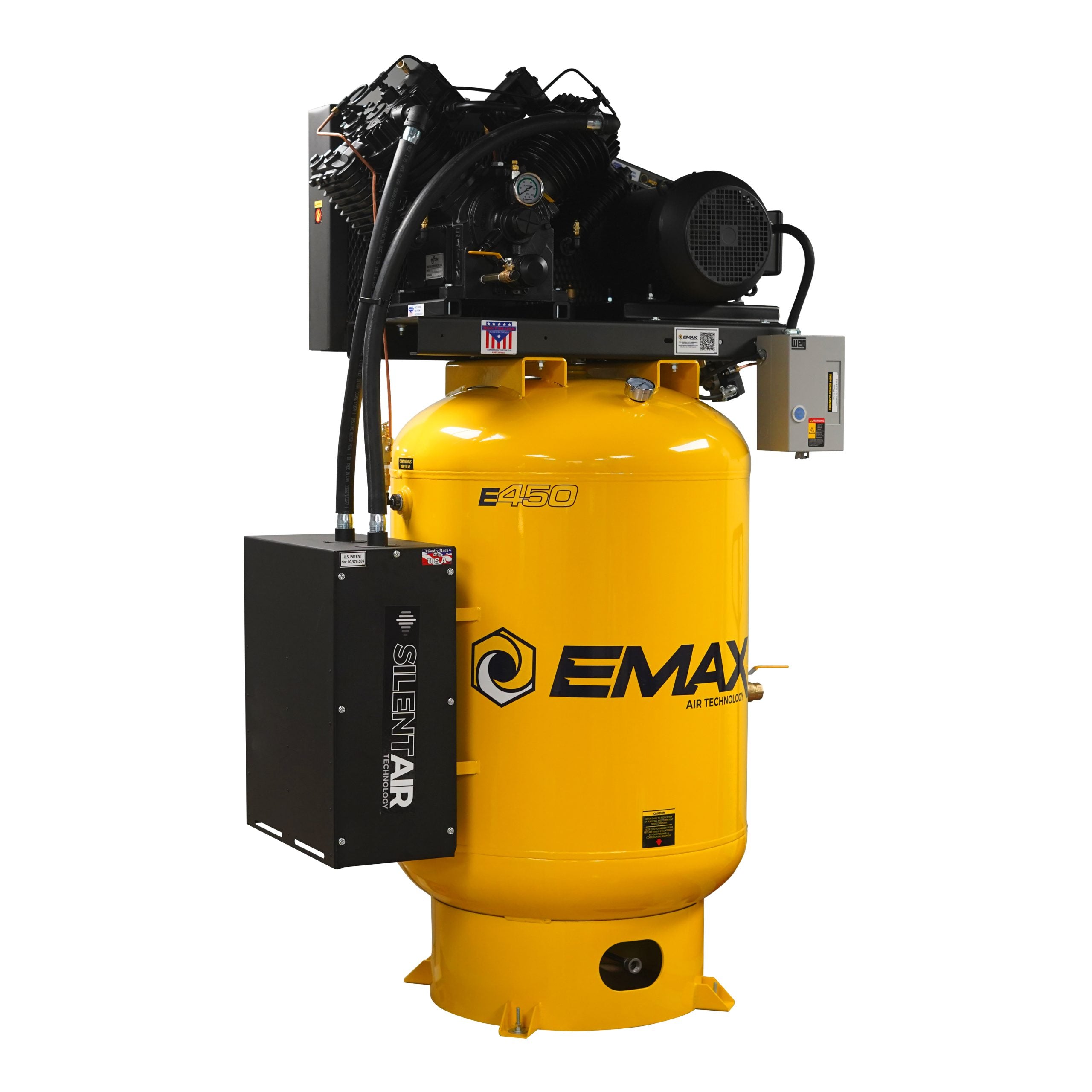 EMAX Silent Air Plus ESP10V120V1 10 HP 120 gallon compressor, front angled view