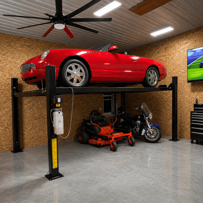 Tuxedo FP8K-DX four post storage lift with car in garage