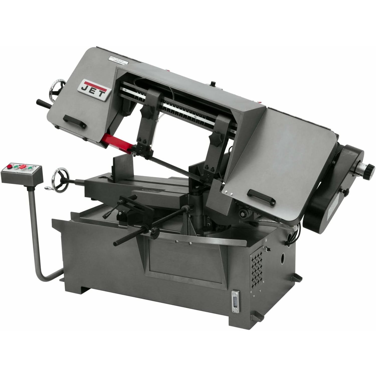 JET J-7040M horizontal mitering bandsaw, full angled view