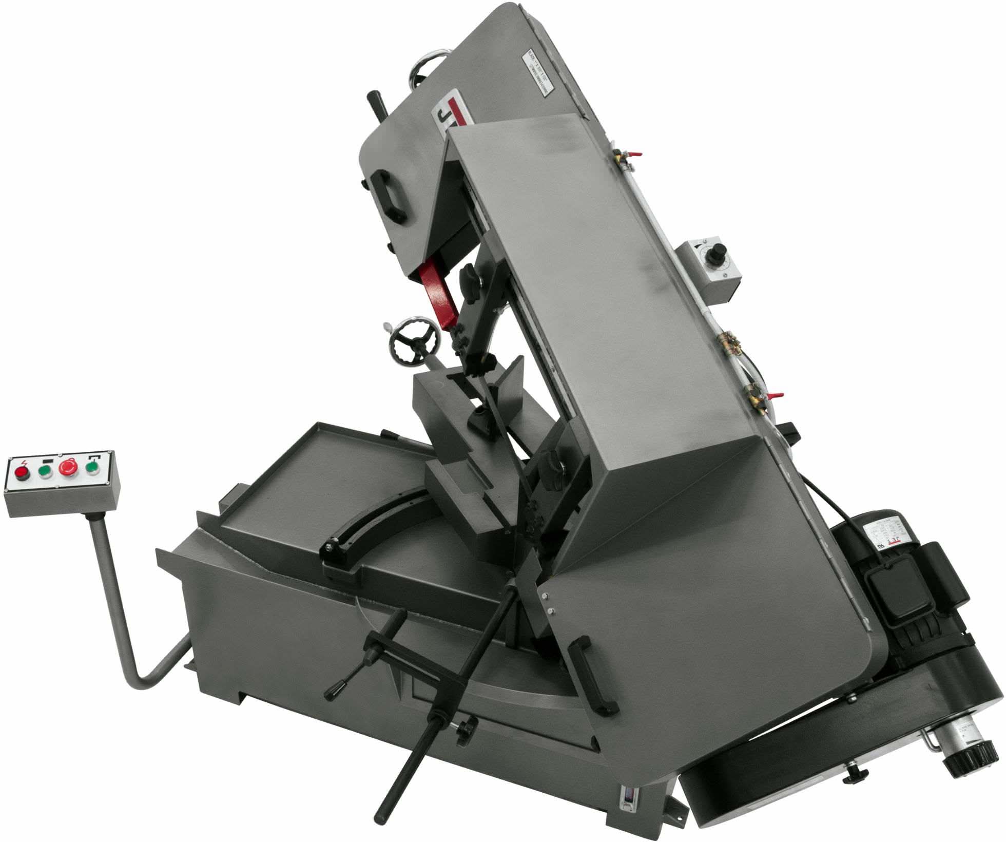 JET J-7040M mitering bandsaw, head swiveled to miter cutting angle