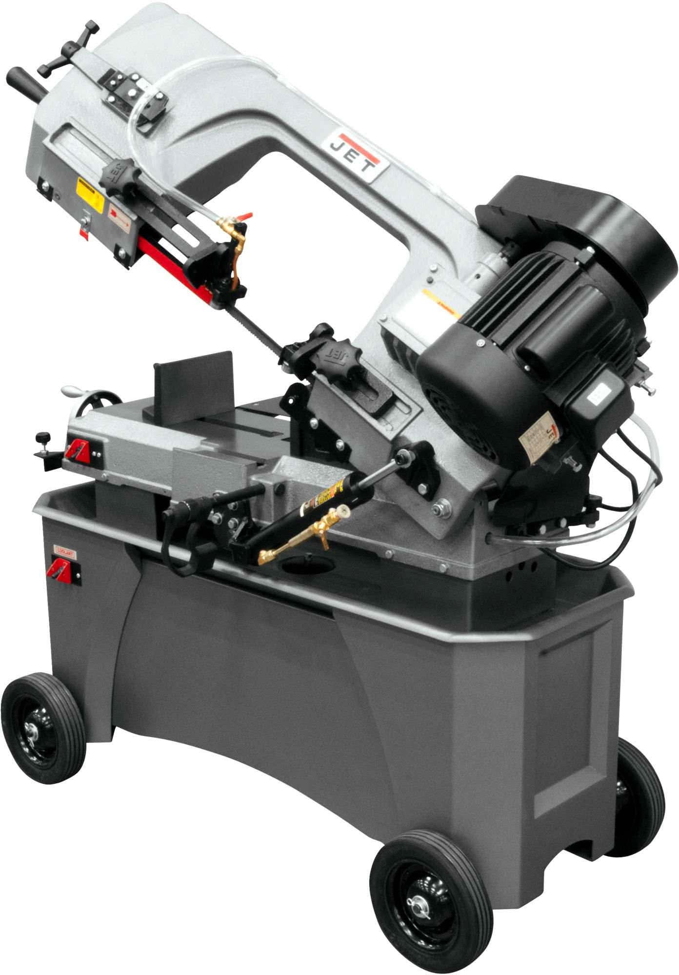 JET HVBS-712 bandsaw on wheeled coolant base, angled view