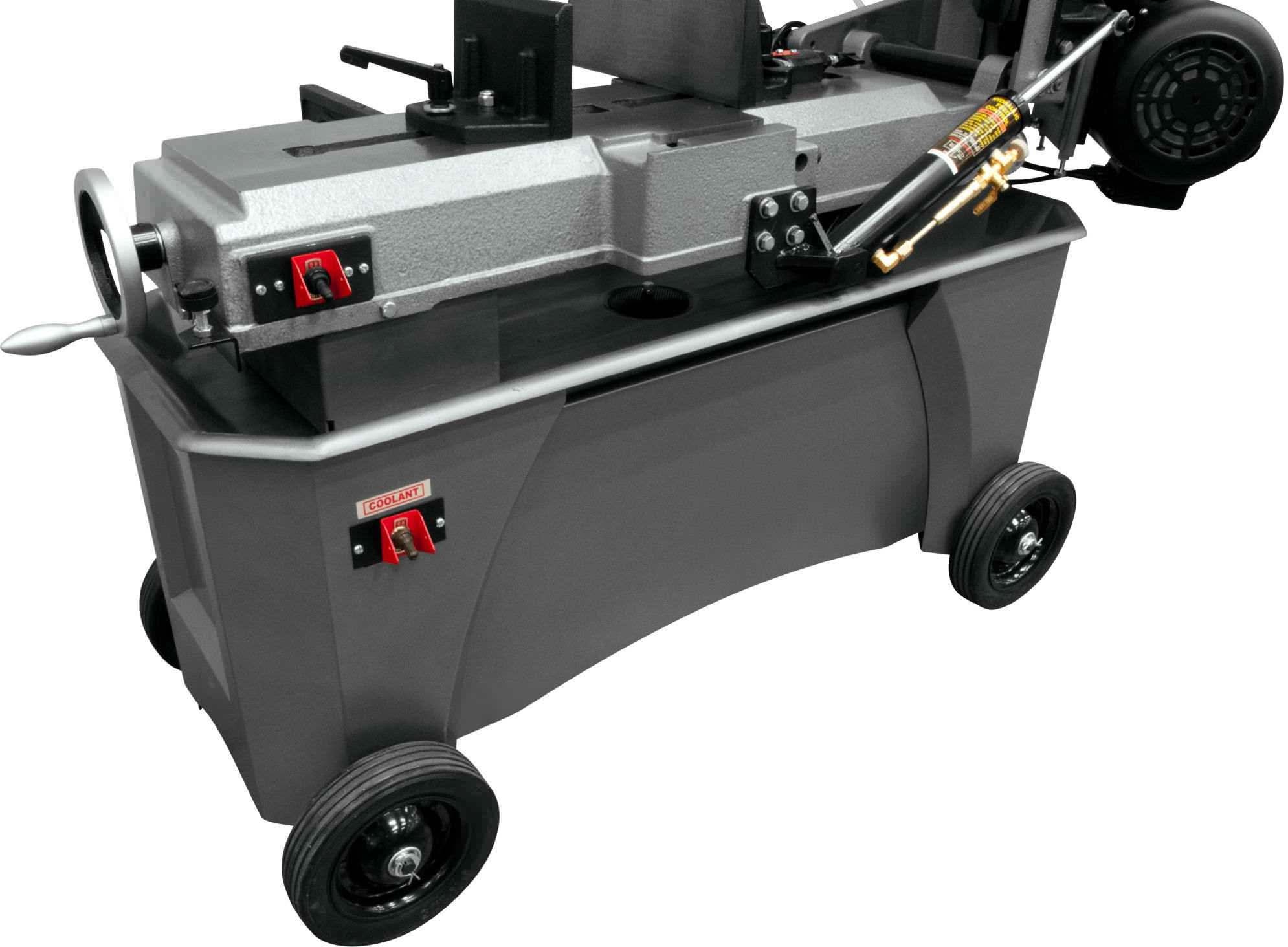 JET HVBS-712D bandsaw with coolant base and wheels, angled view