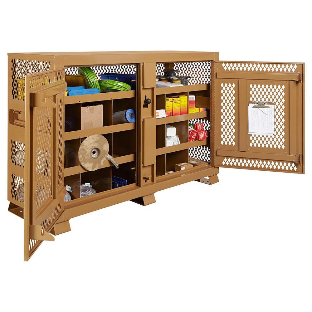 KNAACK 129-MT Tool Kage cabinet with doors open showing 18 storage bins