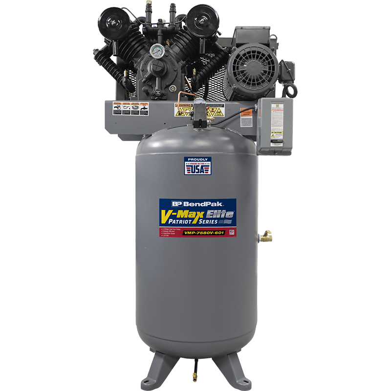 BendPak VMP-7580V-601 7.5 HP single-phase 80-gallon air compressor, front view