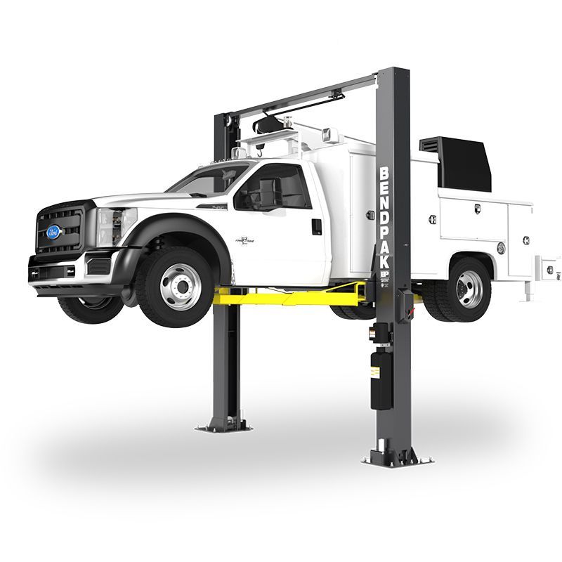 BendPak XPR-12CL-LTA two-post clearfloor lift with truck raised, front view