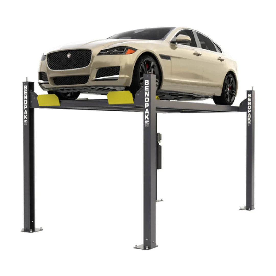 BendPak HD-7W wide four-post lift, sedan raised, studio view